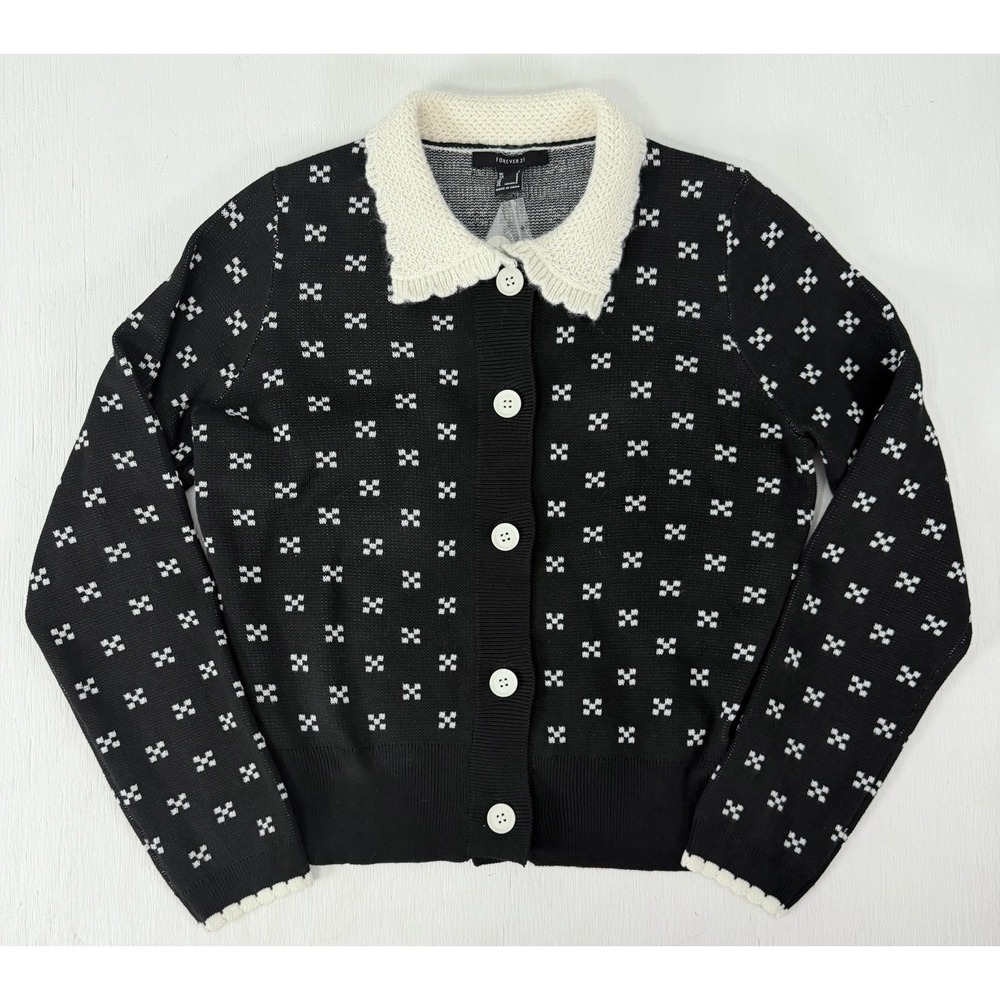 NEW Forever 21 Black Raisonnel Collared Knit Cardigan Sweater Button Down Size S